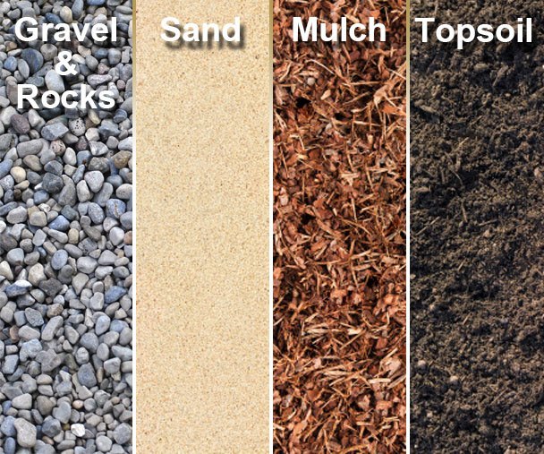 a collage of different materials, showing gravel and rocks, sand, mulch, and top soil