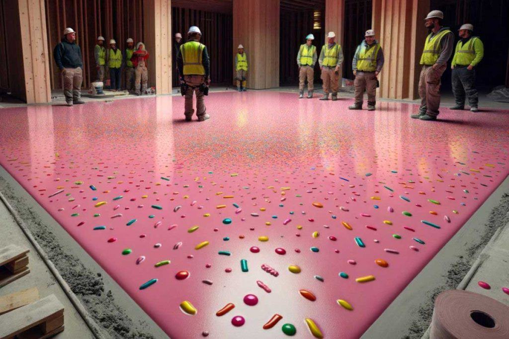 Polished concrete floor resembling a frosted cake with colorful sprinkles.
