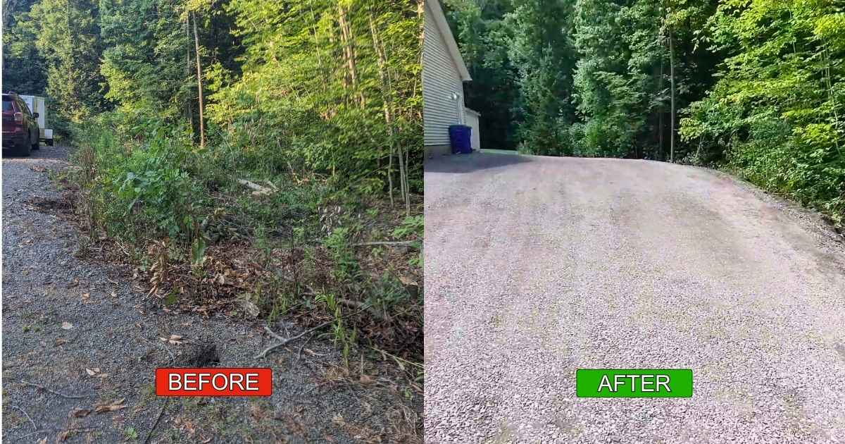 Before and after view of a gravel driveway extension project in Holley, NY