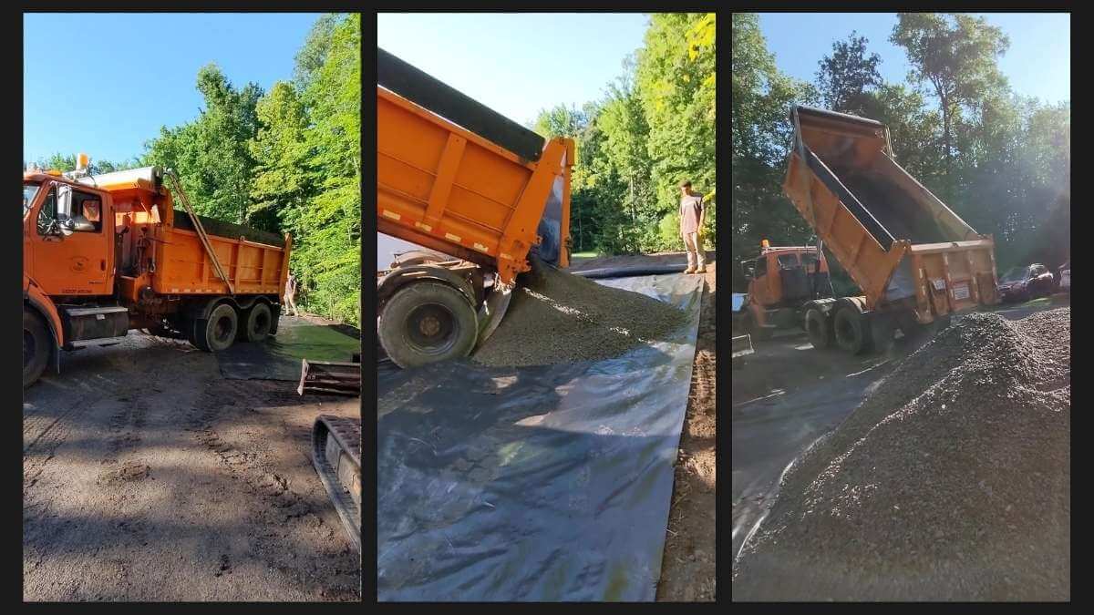Gravel being delivered and spread over prepared base