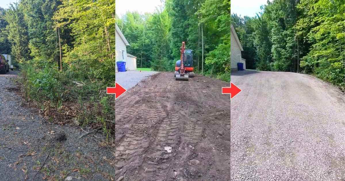 Gravel driveway extension project in Holley, NY showing before, during, and after stages of land clearing, site preparation, and final gravel installation.