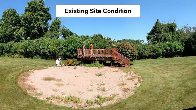 The pool deck to be removed and the hedge row behind to be mulched.