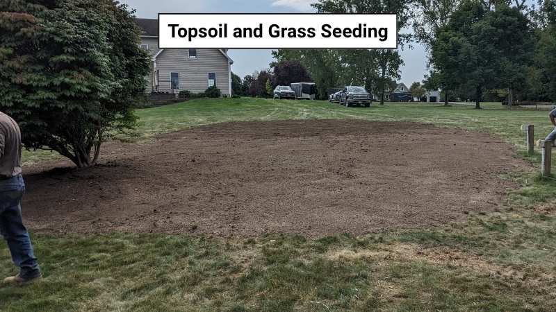 The pool area was cleared from debris and spread with topsoil and grass seeds