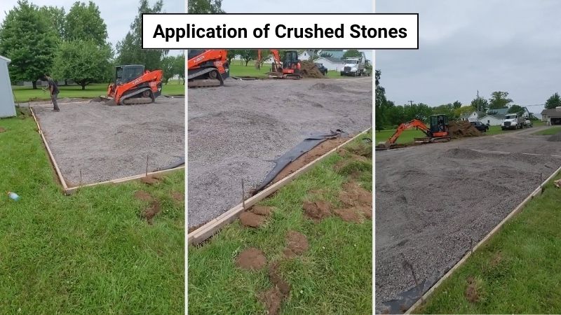 Geotextile fabric installed and crushed stones being spread and leveled