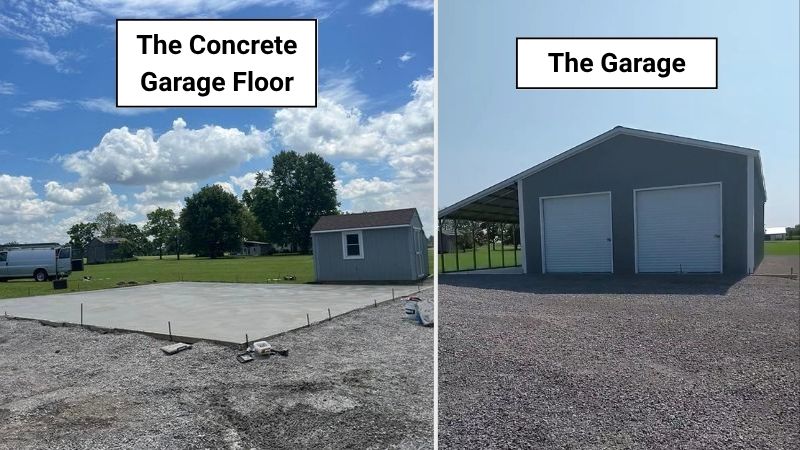 Side-by-side image showing a finished concrete garage slab on the left and the completed garage building with two roll-up doors on the right.
