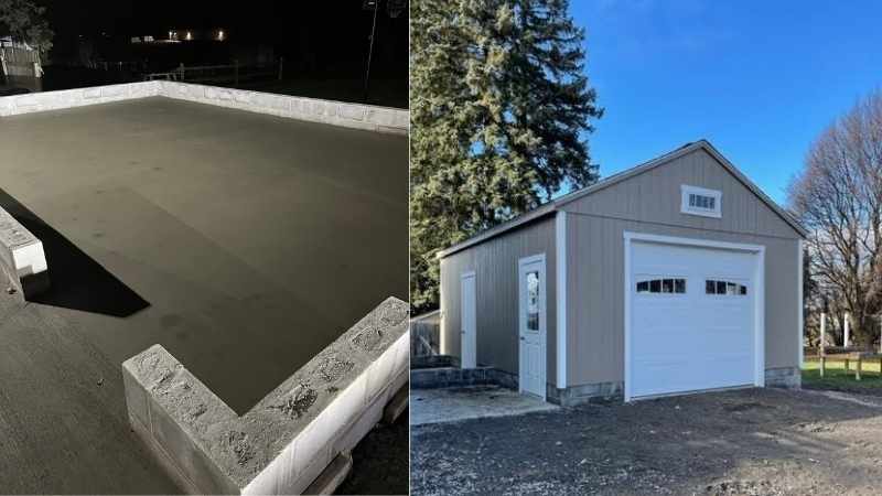 The concrete foundation and the garage