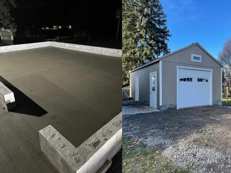 The concrete foundation (left) we built for client’s garage (right)