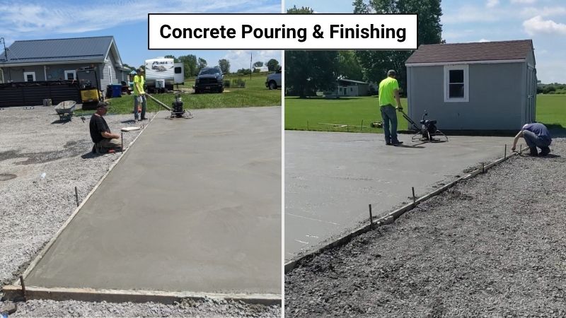 Workers finishing a freshly poured concrete slab using power trowels and hand tools