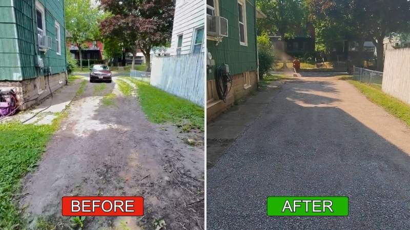 Before and After Photo of the Driveway (View showing the shed)