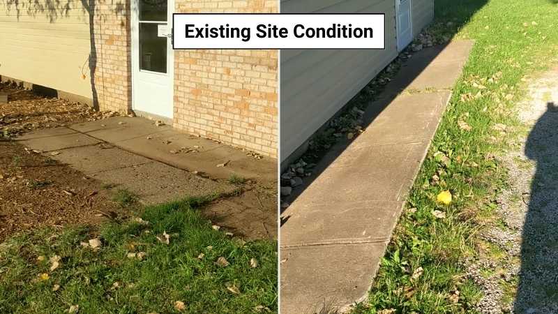 The concrete entryway and sidewalk to be removed